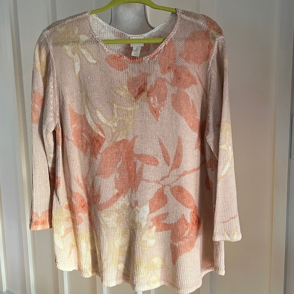 Chico's Linen & Cotton Knit Sweater in Peach and Cream - Picture 2 of 12